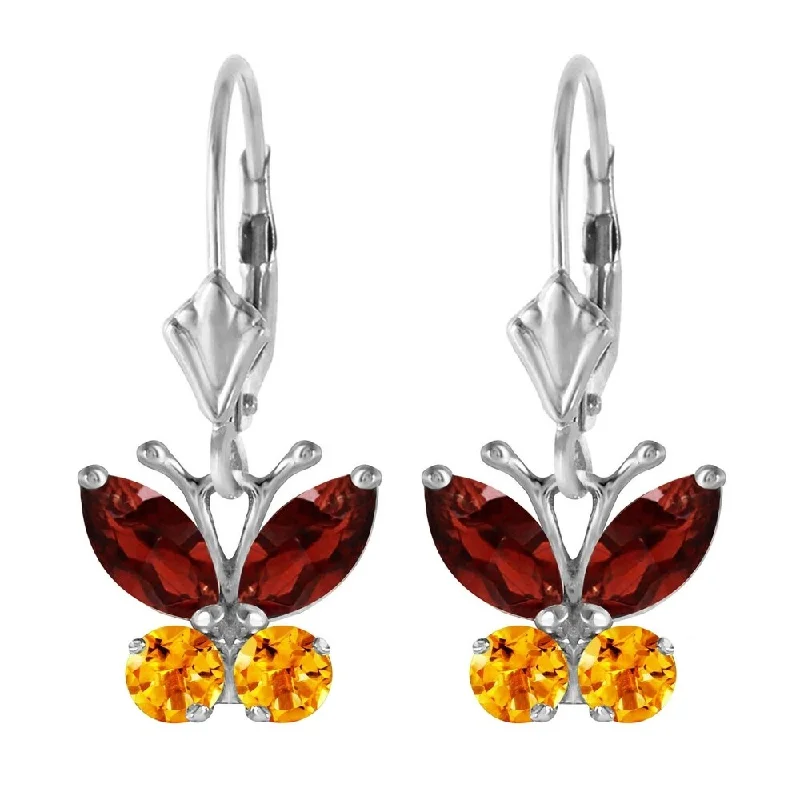 1.24 Carat 14K Solid White Gold Butterfly Earrings Garnet Citrine