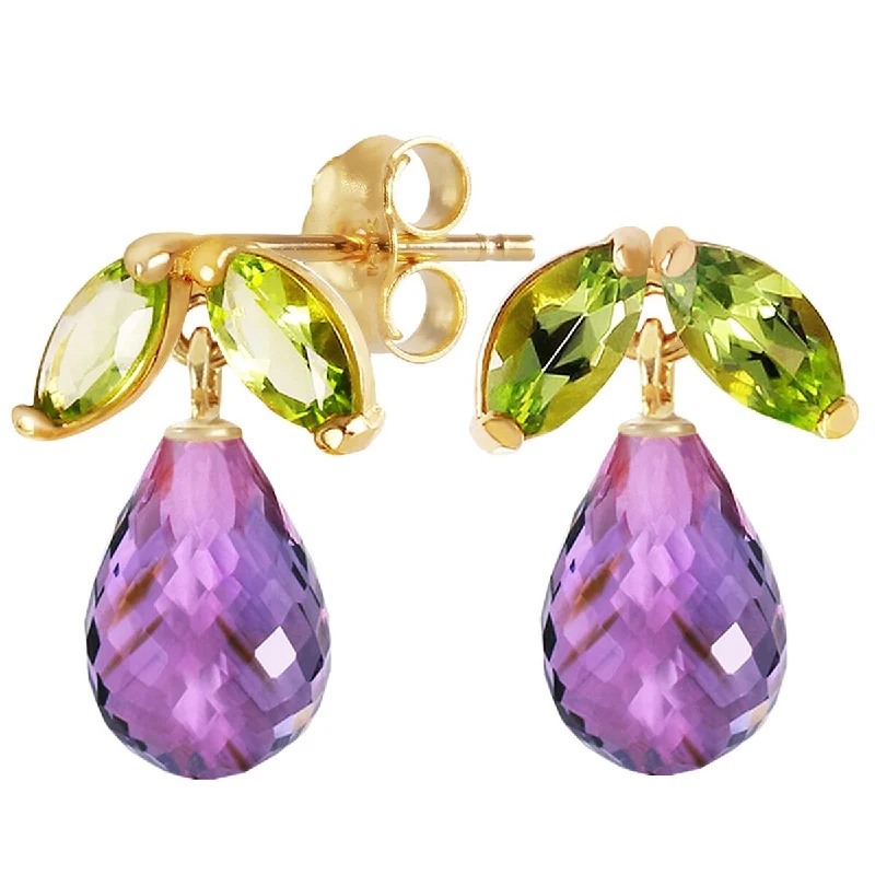 14K Solid Gold Stud Gemstone Earrings with Peridots & Amethysts