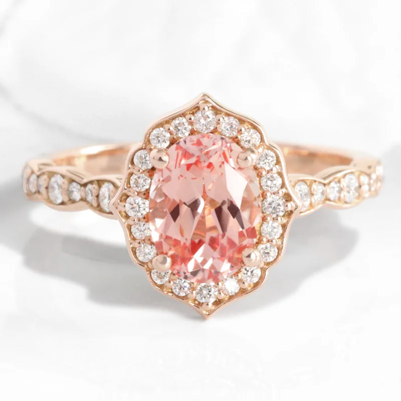 Oval Champagne Peach Sapphire Ring in Vintage Floral Diamond Band