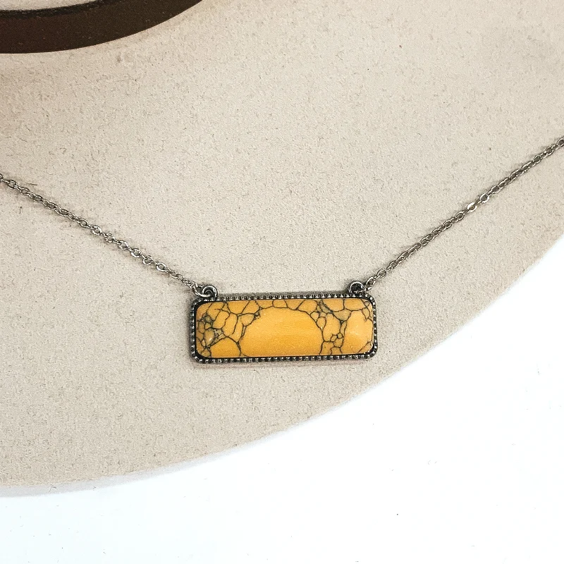 Medium Rectangle Faux Stone Silver Tone Necklace in Yellow