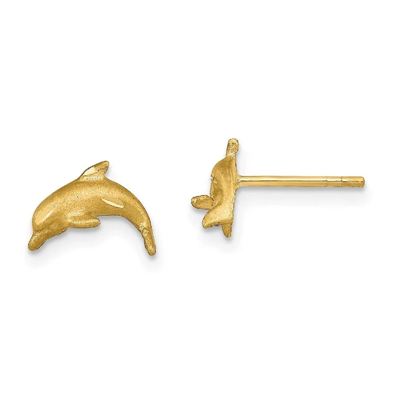 Curata 14k Yellow Gold Satin Sparkle Cut Dolphin Post Earrings - 7x9.5mm