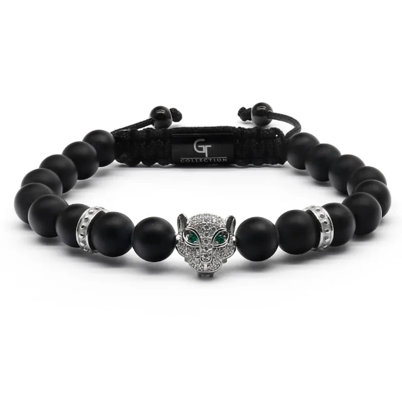 Men's BLACK ONYX Bracelet With Silver LEOPARD Head