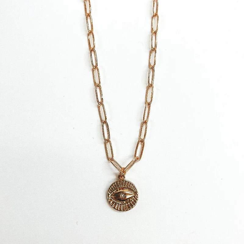 Paperclip Chain with Evil Eye Circle Pendant in Gold