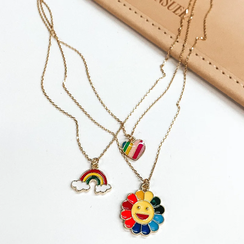 Three Strand Gold Multi Chain Necklace Set with 90's Rainbow Style Charms