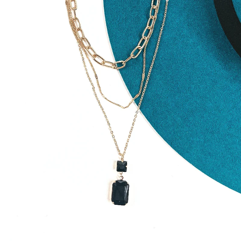 Pink Panache | Three Strand Gold Tone Chain Necklace with Black Square and Rectangle Pendant