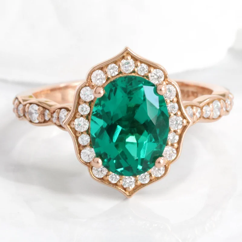 Large Oval Emerald Diamond Ring in Vintage Floral Scalloped Band