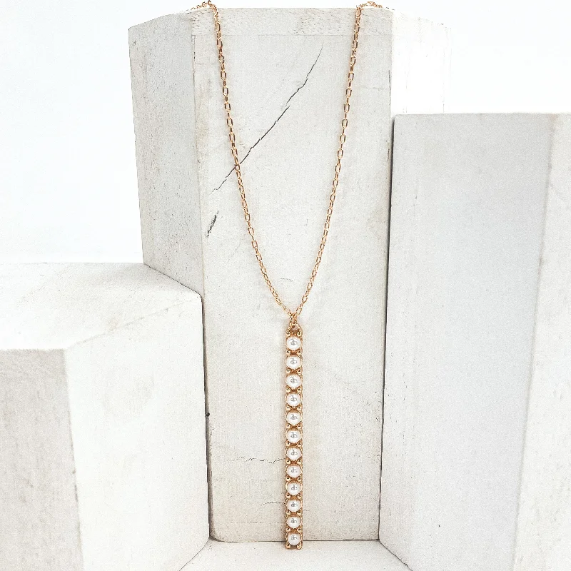 30 Inch Gold Rectangle Pendant Necklace with Pearls