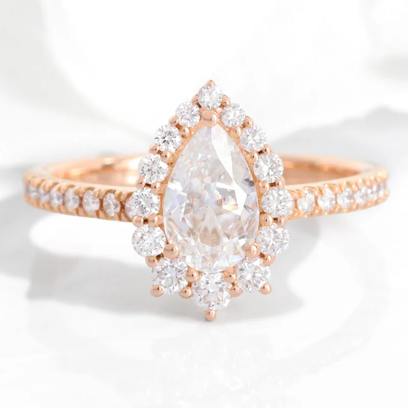 Pear Moissanite Engagement Ring in Tiara Halo Diamond Pave Band