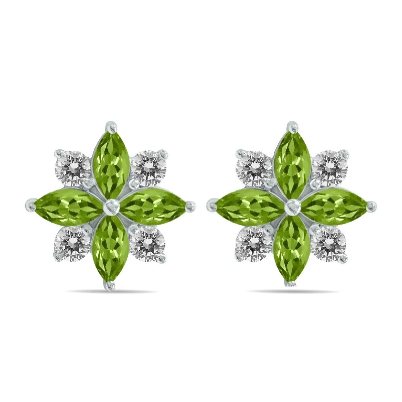 Marquee 1 Carat TW Peridot and Diamond Flower Earrings in 10K White Gold