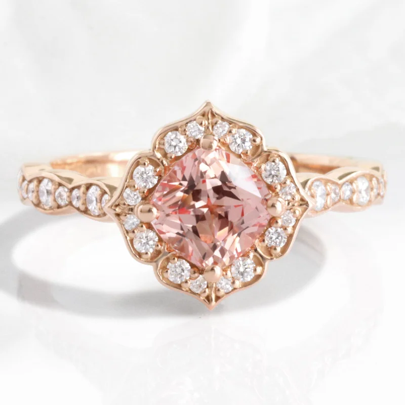 Peach Sapphire and Diamond Ring in Mini Vintage Floral Ring