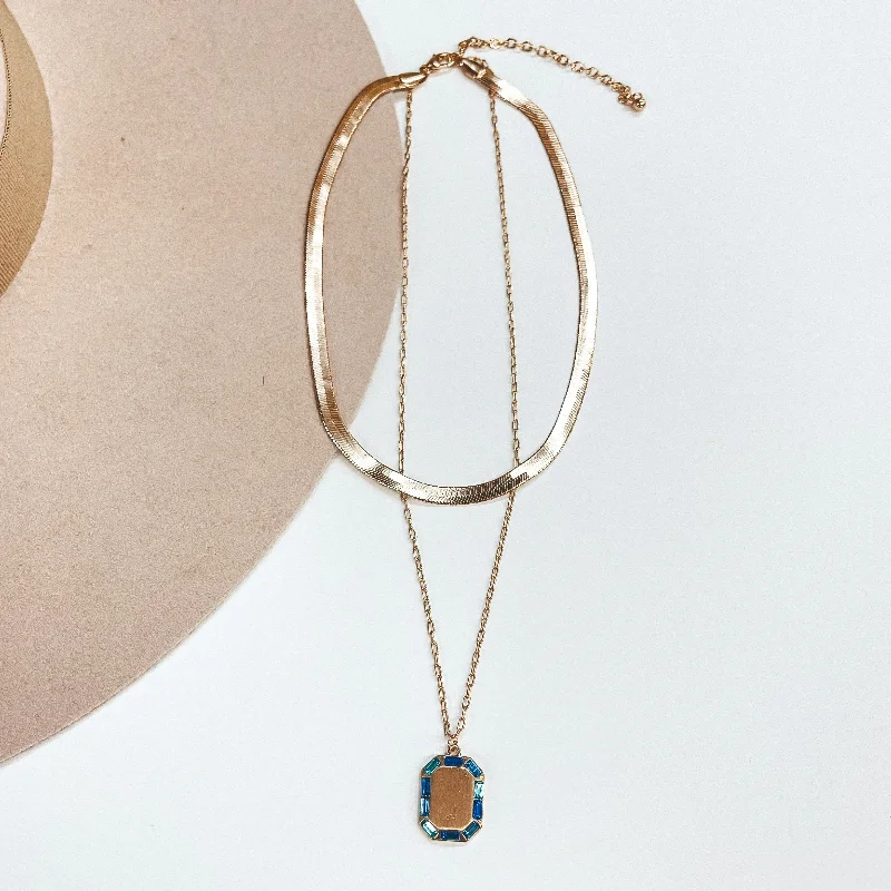 Made For Royalty Herringbone Chain and Gold Tone Necklace with Rectangular Pendant in Blue