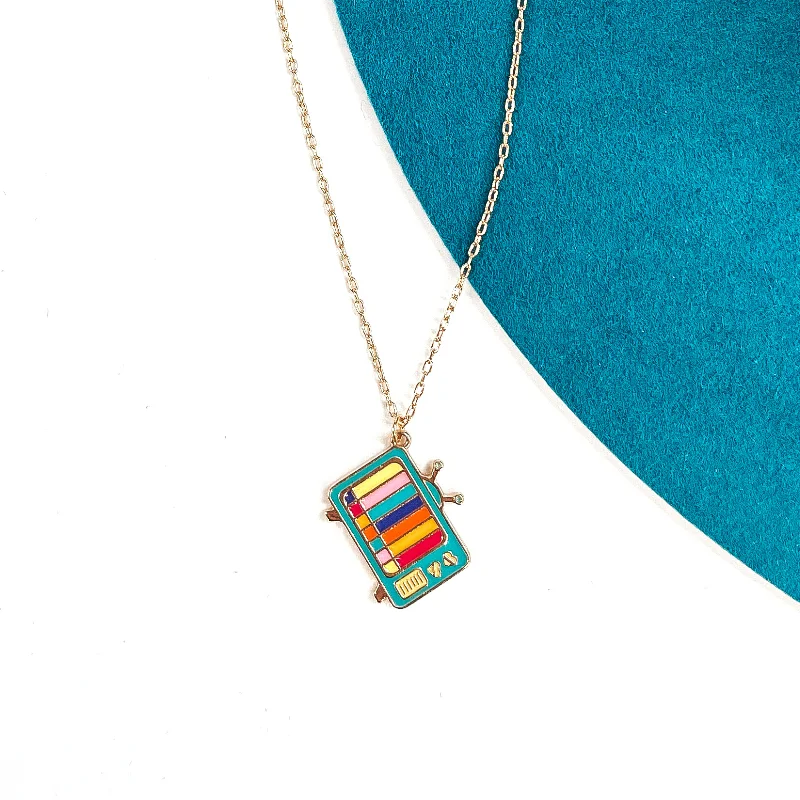 Retro Movie Nights Gold Tone Necklace with Television Pendant in Teal Mix