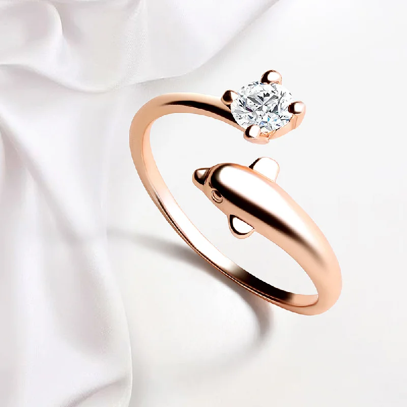 Mahi Rose Gold Plated Dolphin Shaped Adjustable Finger Ring with Cubic Zirconia for Women (FR1103167ZWhi)