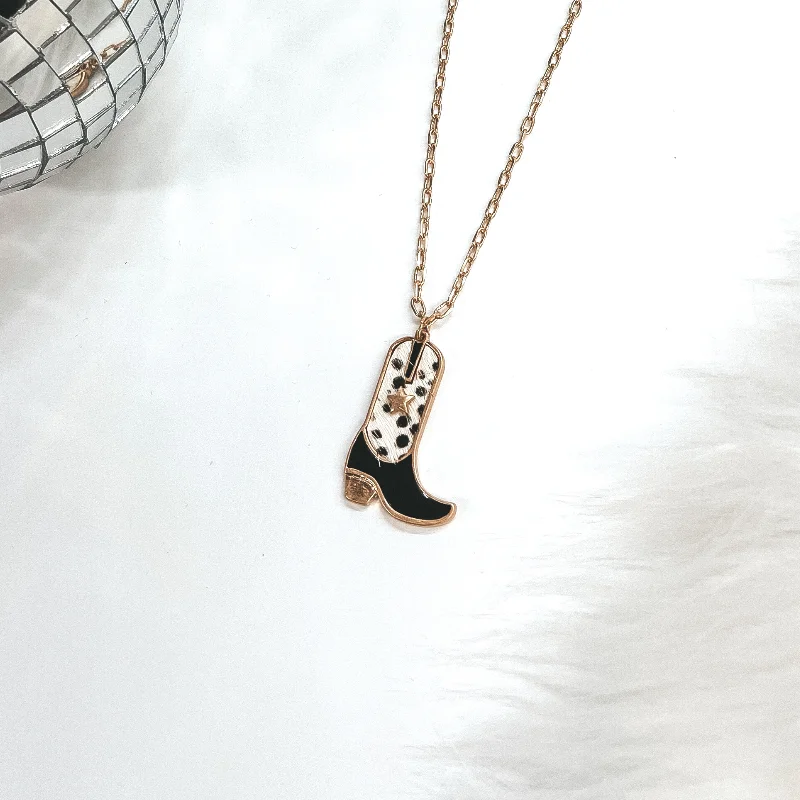 Cowgirl Dreams Gold Necklace with Boot Pendant in Black and Faux Hide Dotted Print