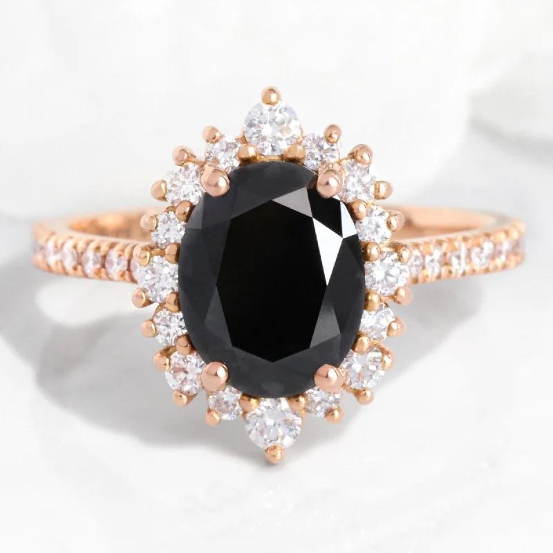 Large Oval Black Diamond Ring in Tiara Halo Diamond Pave Band