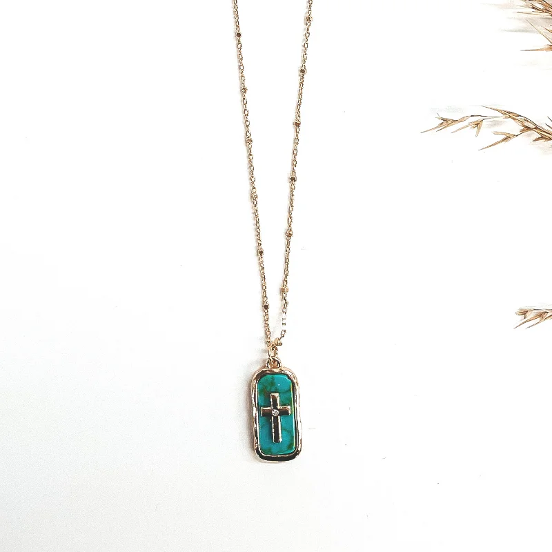 Sunday Soul Gold Tone Chain Necklace with Gold Tone Cross and Semi-Precious Rectangular Stone Pendant in Turquoise