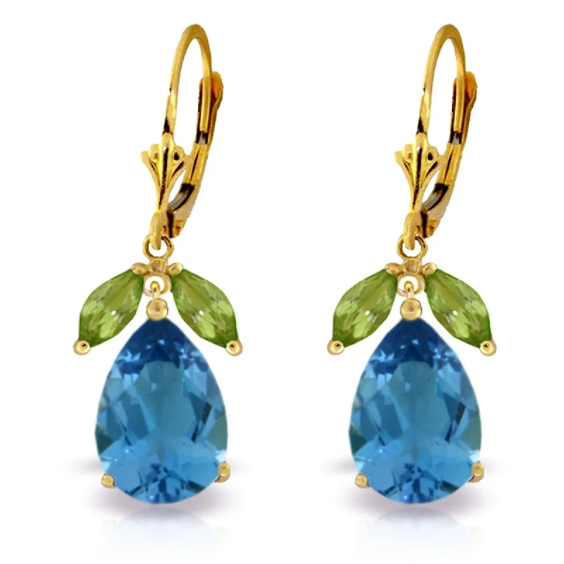 13 Carat 14K Solid Gold Belle Blue Topaz Peridot Gemstone Earrings