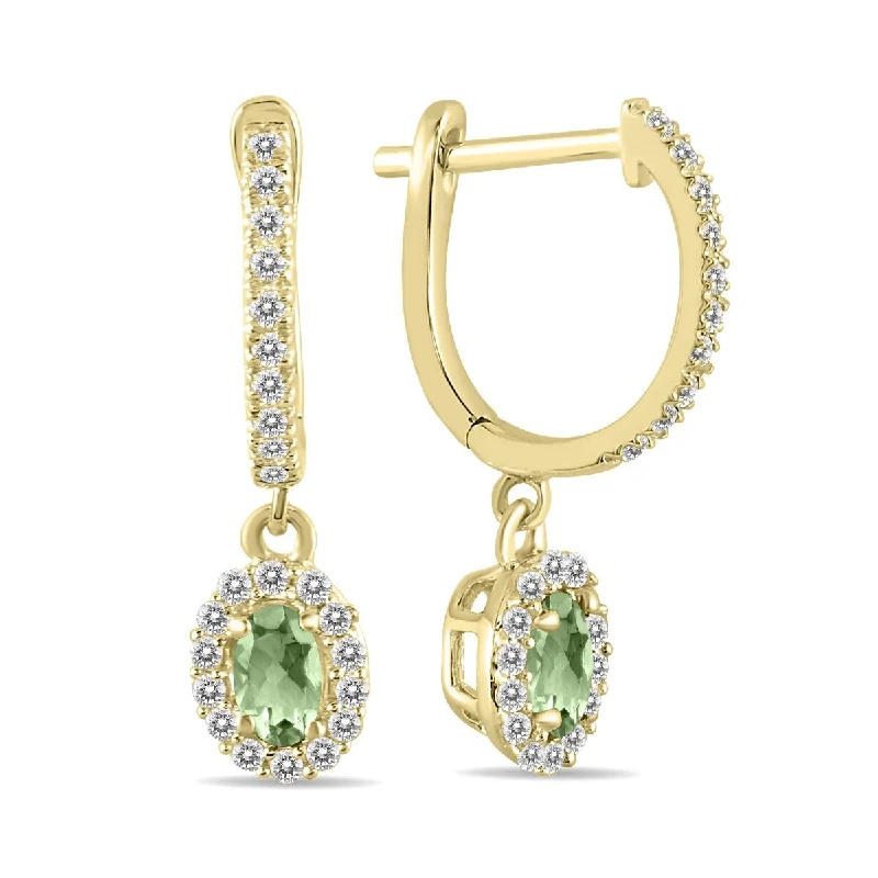 Marquee 1/2 Carat Oval Green Amethyst and Diamond Halo Dangle Earrings in 10K Yellow Gold