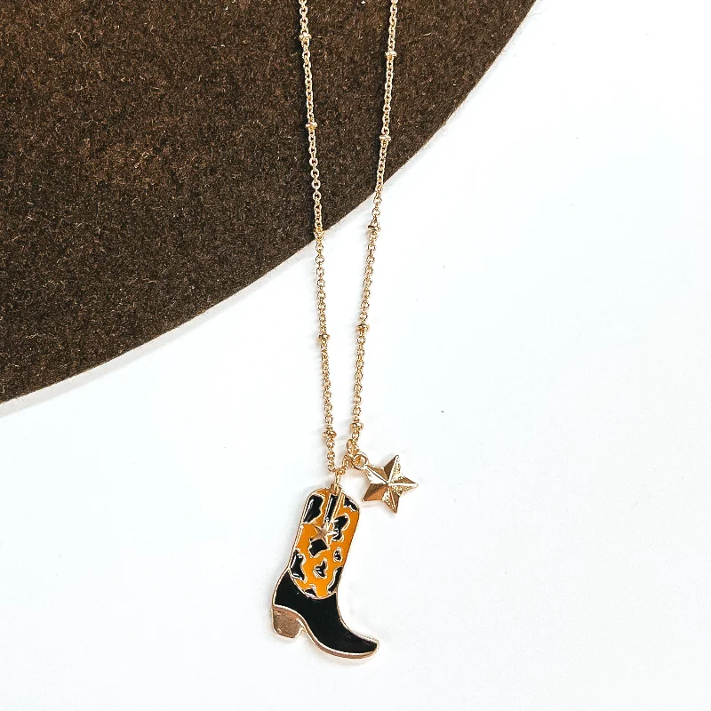 Kick Your Boots Up Gold Necklace with Cow Print Boot Pendant in Brown and Black