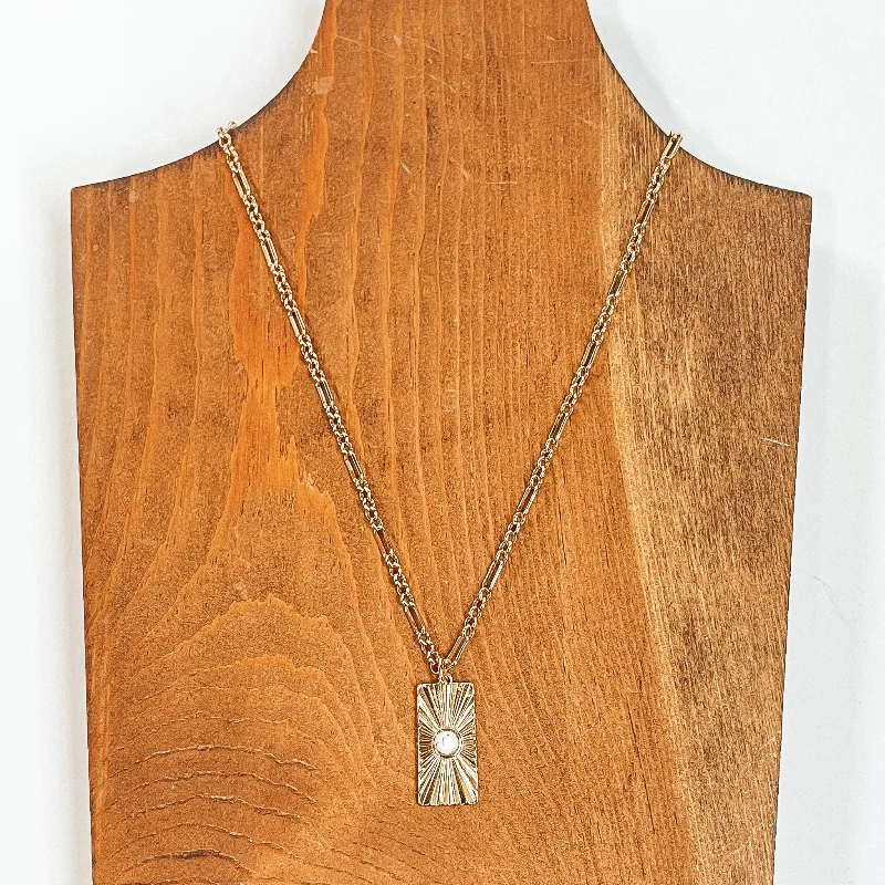 Convince Me Gold Necklace with Sunburst Rectangle Pendant and Small Stone in White