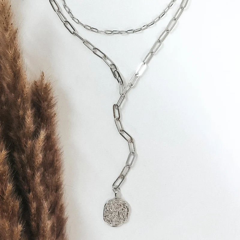 Two Strand Multi Chain Lariat Style Necklace with Coin in Silver