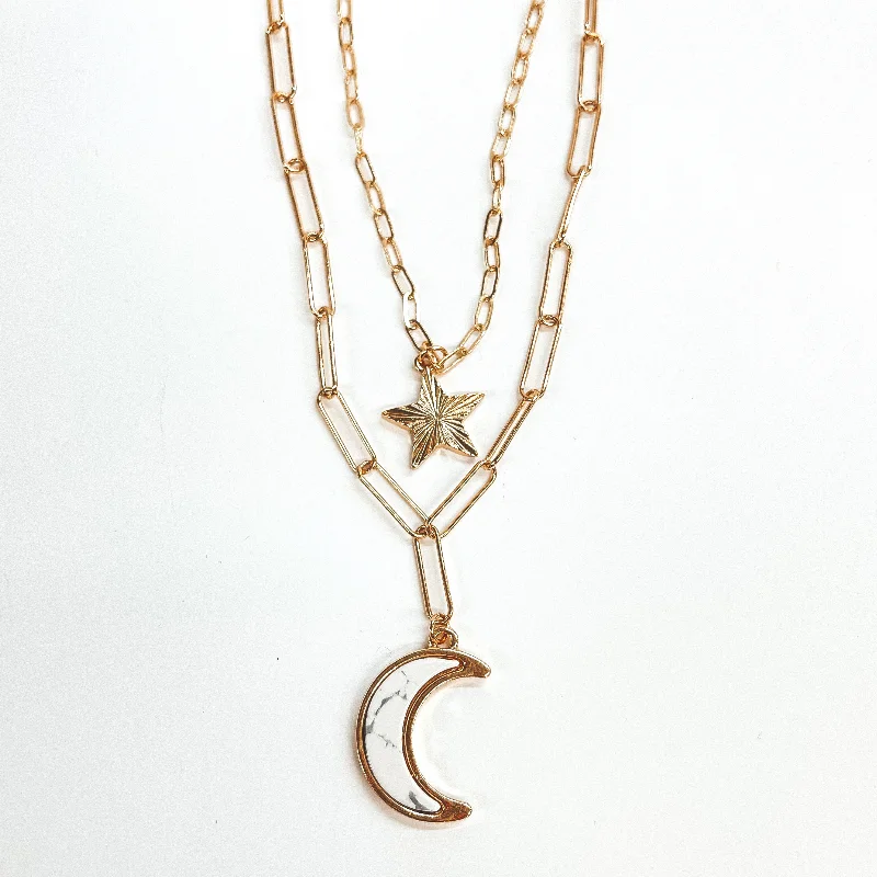 Double Layered Gold Paperclip Chain with Gold Star and Moon in Semi Precious Stone Pendant in White