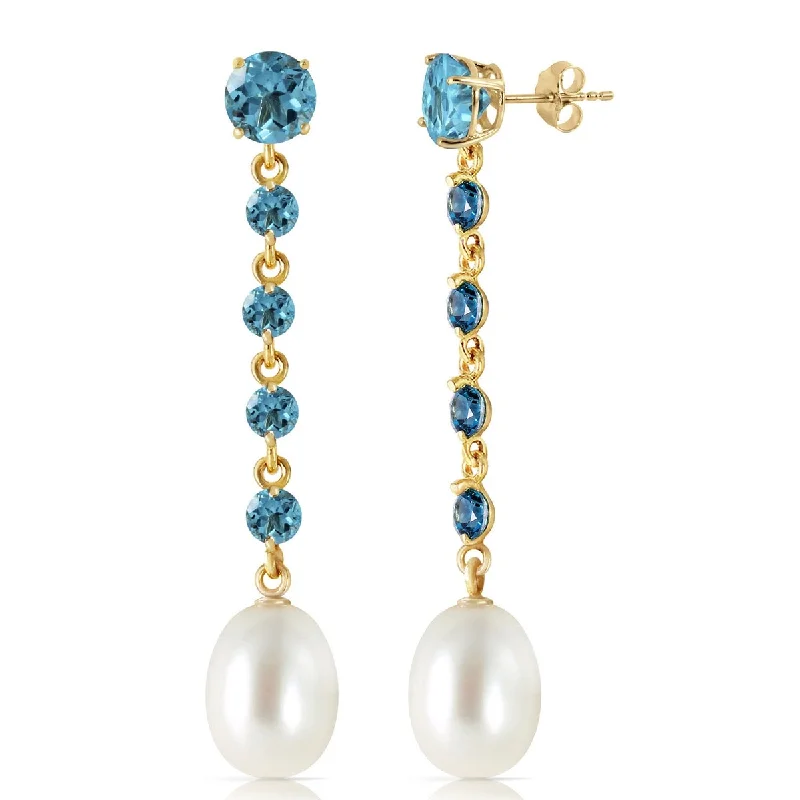 14K Solid Gold Chandelier Blue Topaz & Pearl Gemstone Earrings