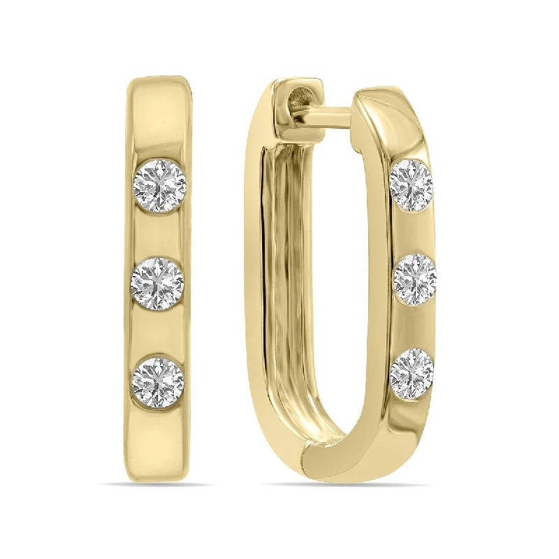 Marquee 1/10 CTW Three Stone Lab Grown Diamond Oval Huggies Hoop Earrings in 10K Yellow Gold (F-G Color, VS1- VS2 Clarity)