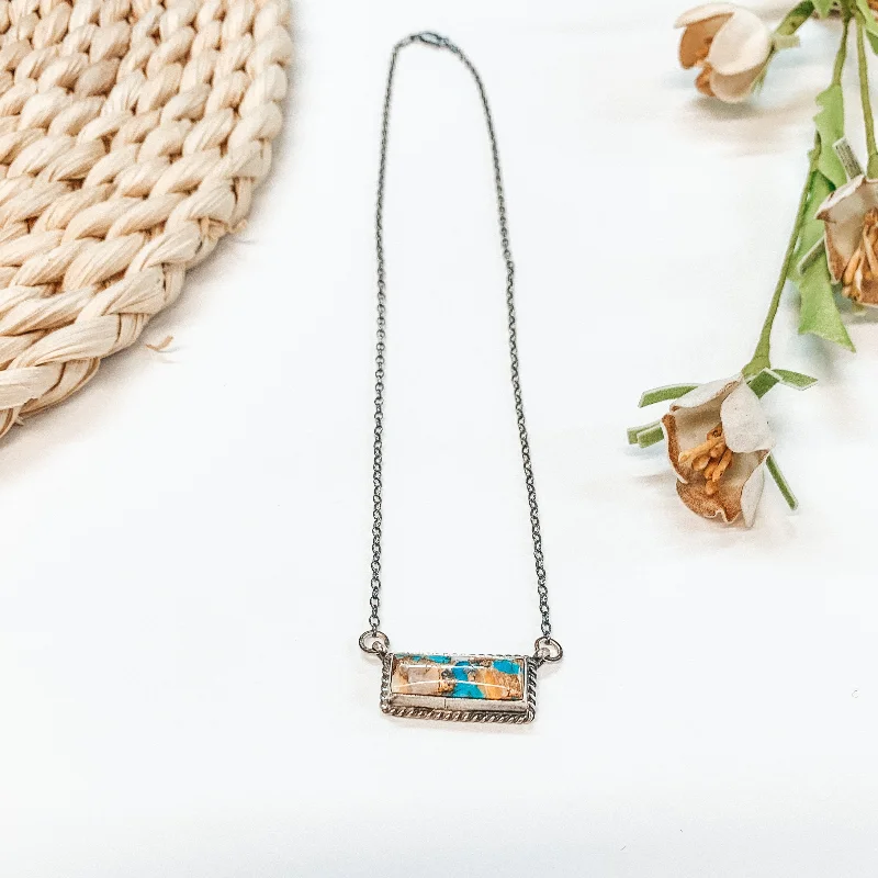 Various Artists | Navajo Handmade Sterling Silver Chain Necklace with Remix Spiny Turquoise Stone and Rope Detailing Bar