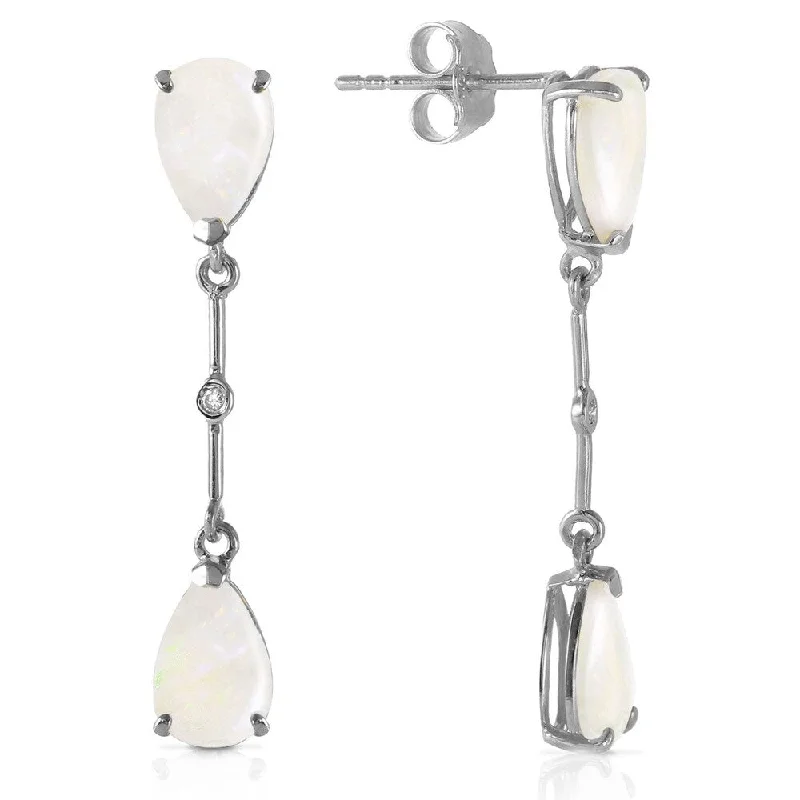 14K Solid White Gold Diamonds & Opals Dangling Earrings