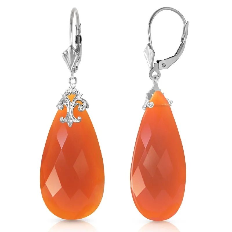 14K Solid White Gold Leverback Earrings with Briolette 31x16 mm Reddish Orange Chalcedony