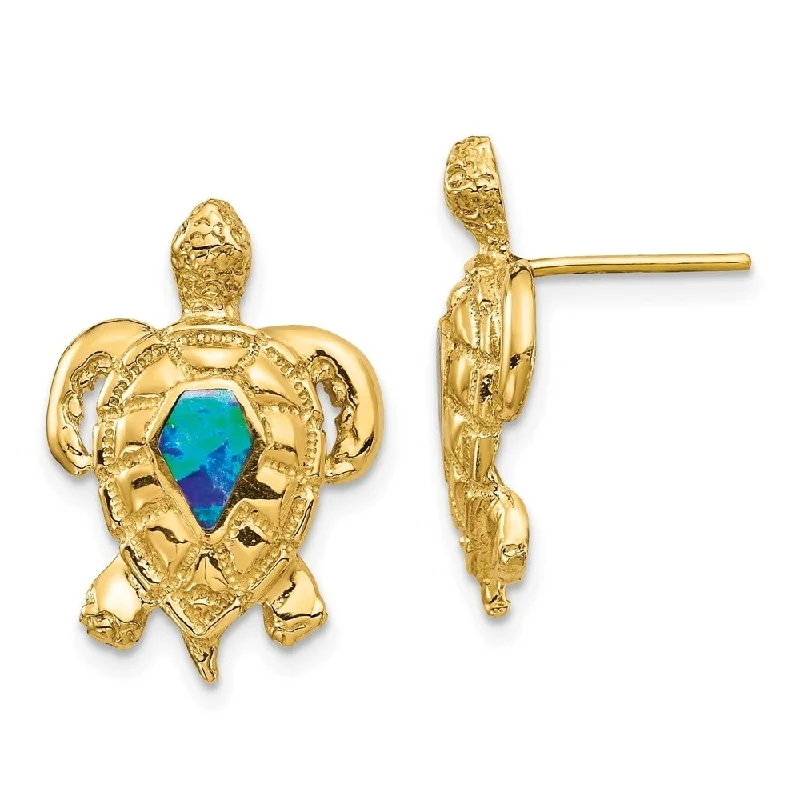 Diamond2Deal 14K Yellow Gold Created Opal Turtle Stud Earrings (L- 20.15 mm, W- 13.93 mm)