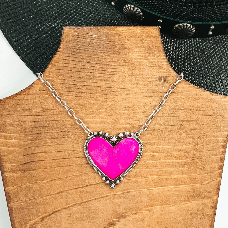 Silver Chain Necklace with Stone Heart Pendant in Pink