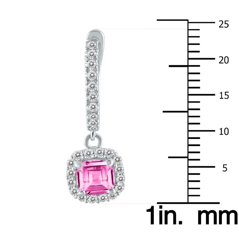 Marquee 1 Carat Pink Topaz and Diamond Halo Dangle Earrings in 10K White Gold