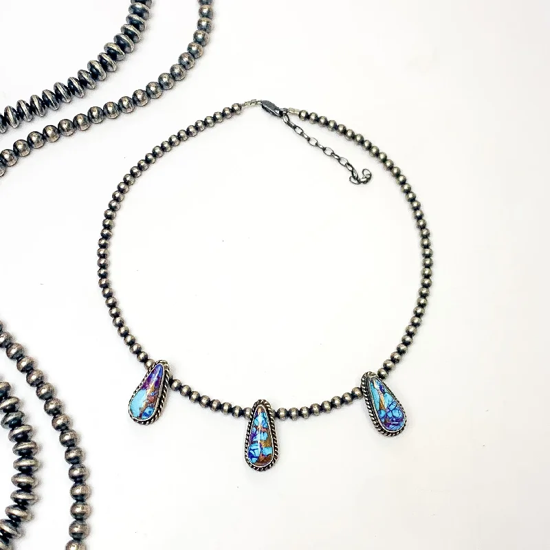 Elouise Kee | Navajo Handmade 4mm 14 inch Navajo Pearl Necklace with 3 Teardrop Remix Mojave Turquoise Stones