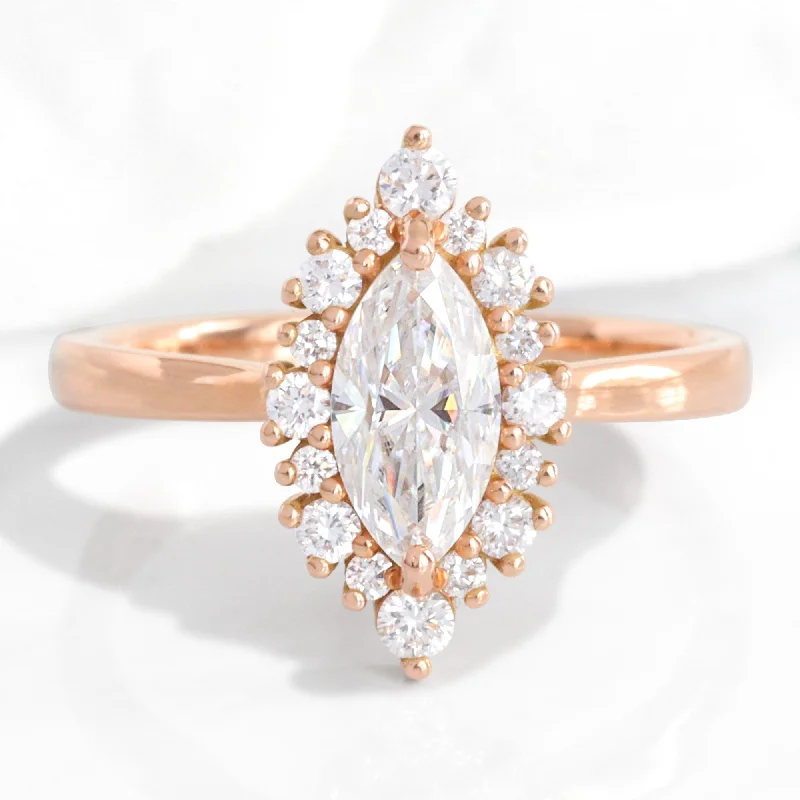 Marquise Moissanite Engagement Ring in Tiara Halo Diamond Tapered Band