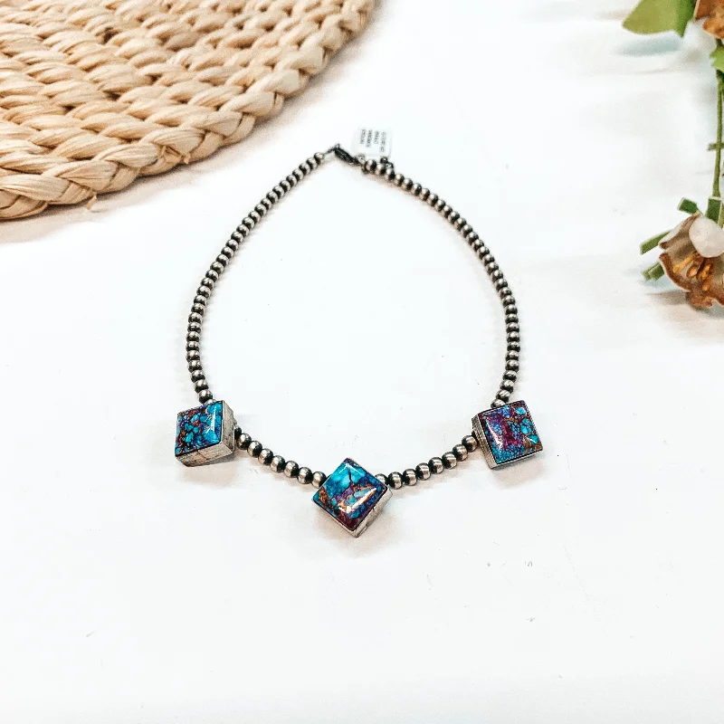 Elouise Kee | Navajo Handmade 4mm 14 inch Navajo Pearl Necklace with 3 Diamond Remix Mojave Turquoise Stones