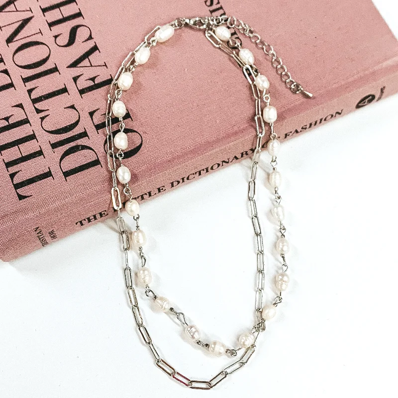 Double Layered Paperclip Chain and White Pearl Linked Necklace in Silver Tone