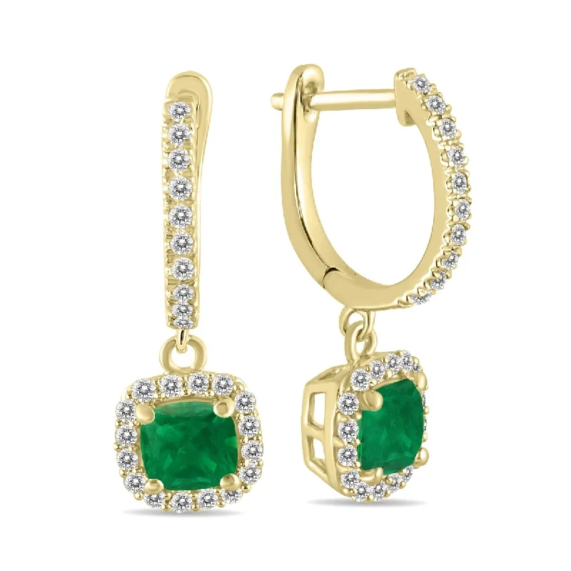 Marquee 1 Carat Emerald and Diamond Halo Dangle Earrings in 10K Yellow Gold