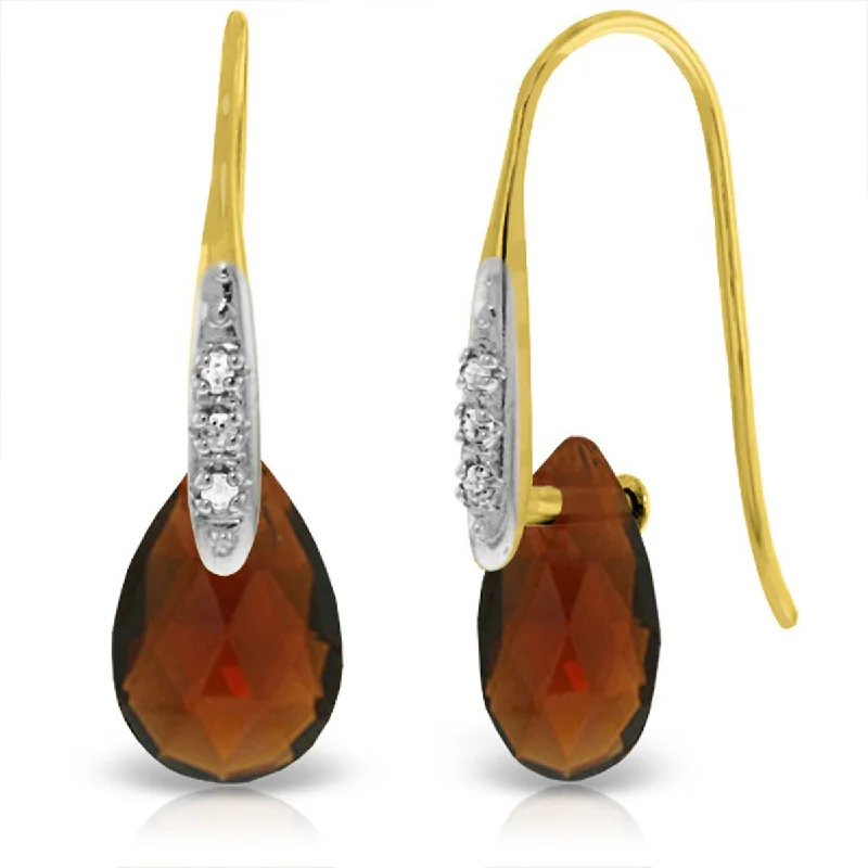 14K Solid Gold Fish Hook Earrings w/ Diamonds & Briolette Garnets