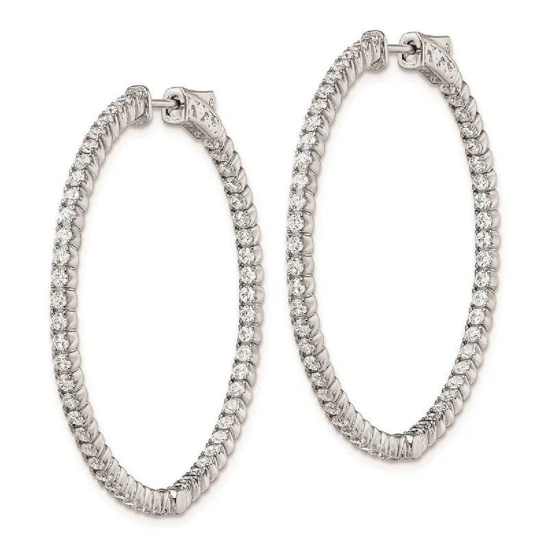 Curata 925 Sterling Silver Polished Safety clasp Rhodium Plated With CZ Cubic Zirconia Hinged Hoop Earrings