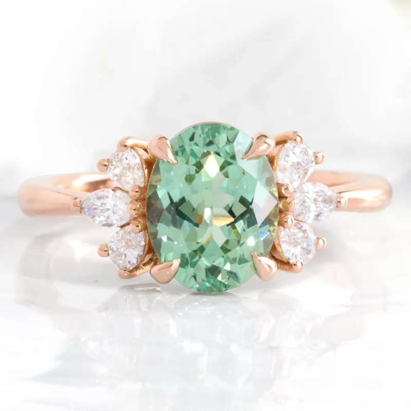 2.7 Ct. Oval Green Sapphire Ring in Fairy 3 Stone Diamond Band