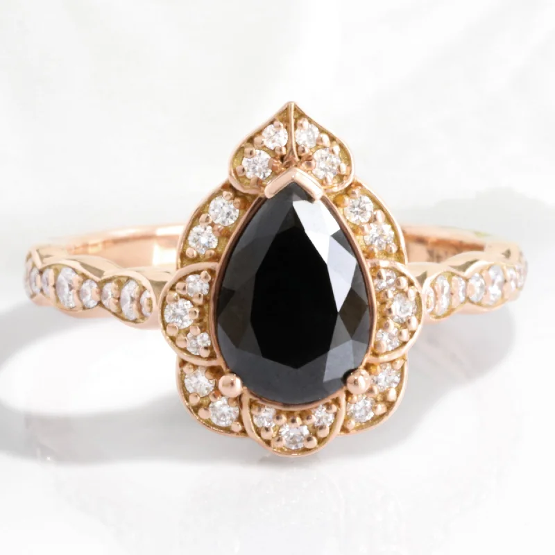 Large Pear Black Diamond Ring in Vintage Floral Scalloped Band