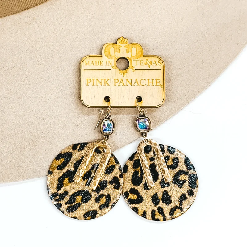 Pink Panache | Dangle AB Cushion Cut Crystal Earrings with Leather Circle Pendant in Leopard Print