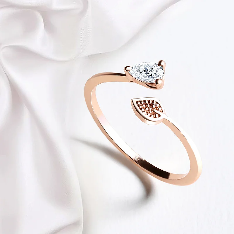 Mahi Rose Gold Plated Leaf Shaped Adjustable Finger Ring with Cubic Zirconia for Women (FR1103165ZWhi)