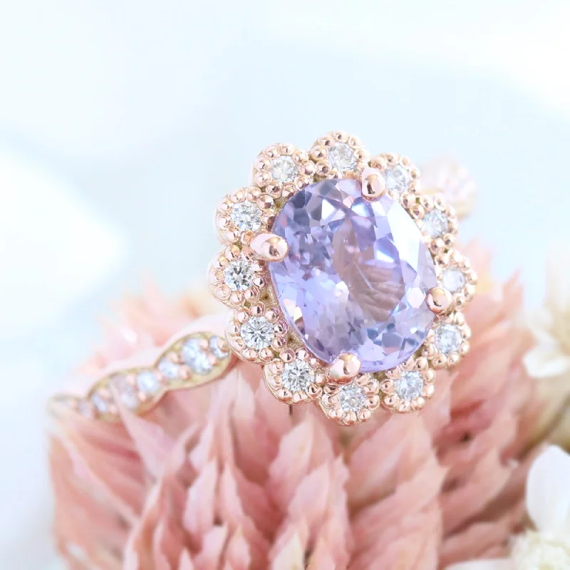 2.06 Ct Lavender Sapphire Engagement Ring in 14k Rose Gold Vintage Halo Diamond, Size 6