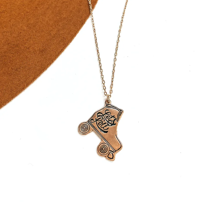 Let's Roll Gold Tone Necklace with Rollerskate Pendant