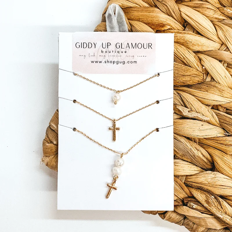 Set of Three | Gold Chain Necklace Set with Cross and Pearl Charms